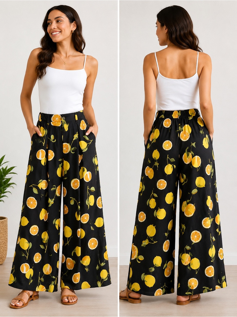 Sienna Sky Black Wide-Leg Lemon & Orange Print Pants